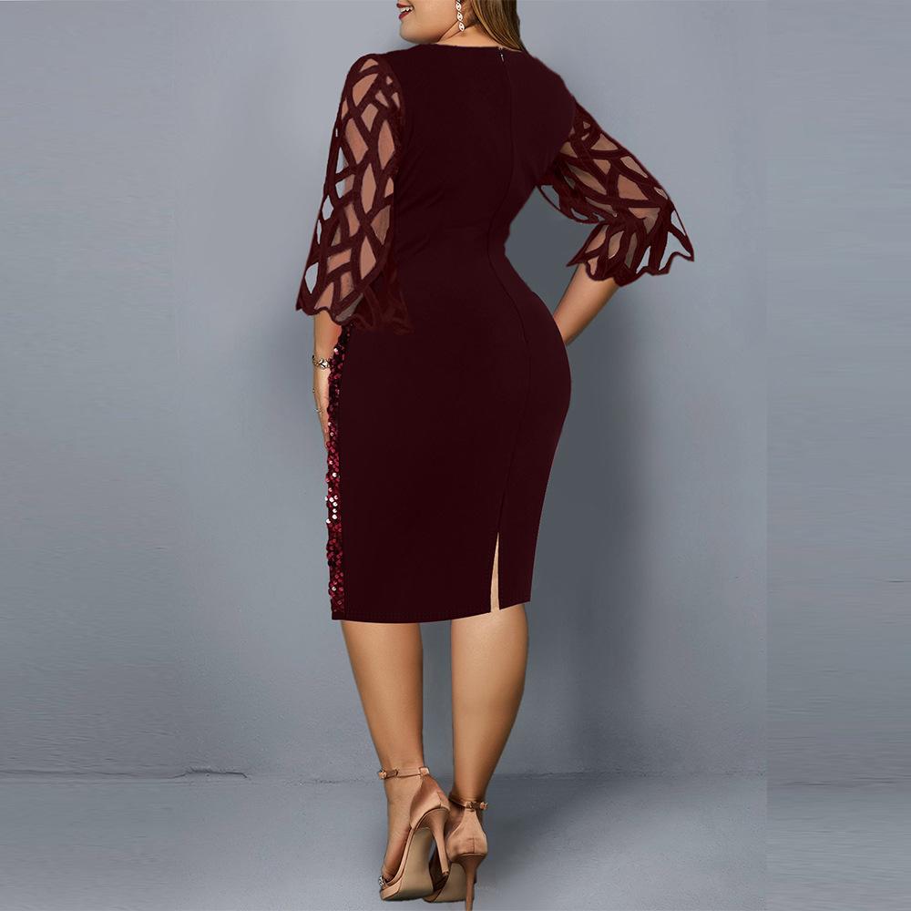 Women Sequin Plus Sizes 3/4 Length Sleeves Fall Dresses-STYLEGOING