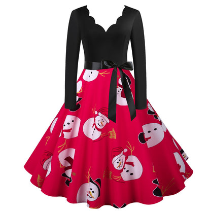 Vintage Christmas Snowman Print Long Sleeves Dresses
