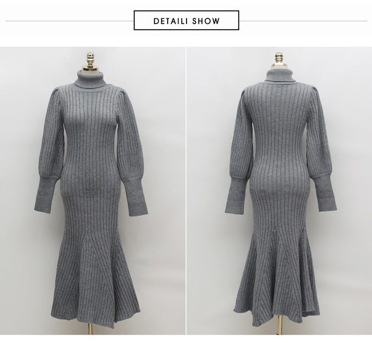 Casual Turtleneck Winter Long Knitting Dresses for Women with Belt