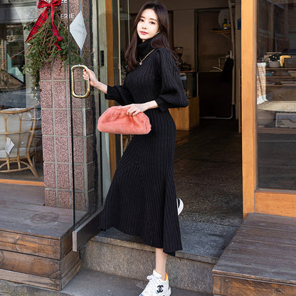 Casual Turtleneck Winter Long Knitting Dresses for Women with Belt