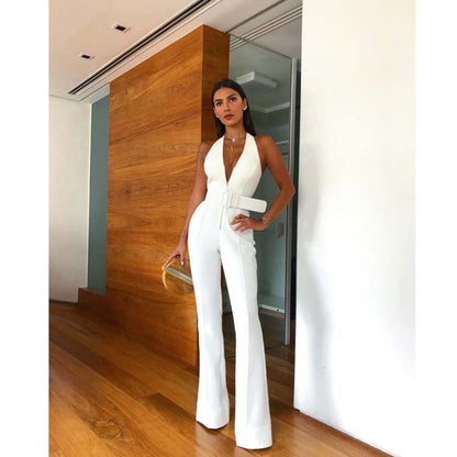 White Classy Sleeves Belt Jumpsuits-STYLEGOING