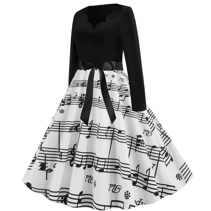 Vintage V Neck Long Sleeves Musical Note Winter Dresses-STYLEGOING