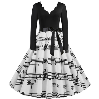 Vintage V Neck Long Sleeves Musical Note Winter Dresses-STYLEGOING