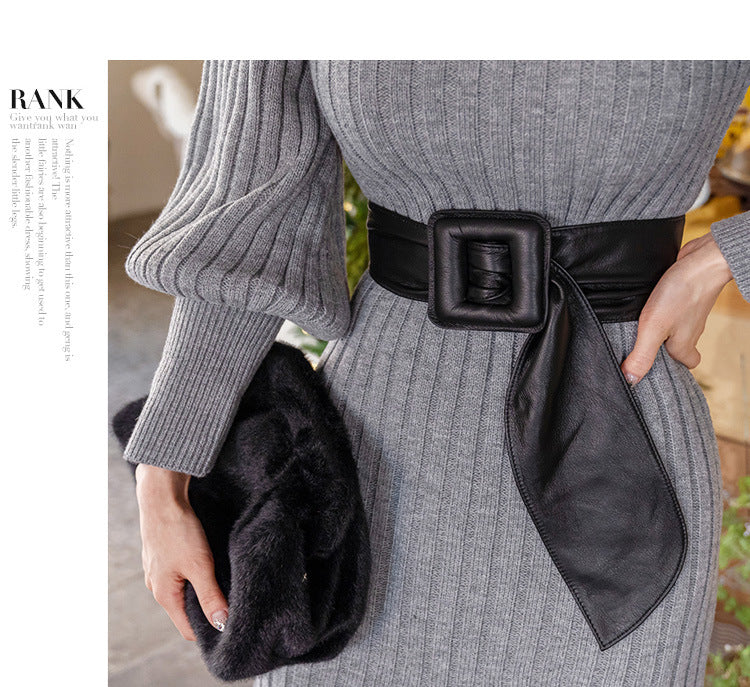 Casual Turtleneck Winter Long Knitting Dresses for Women with Belt