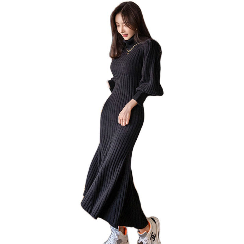 Casual Turtleneck Winter Long Knitting Dresses for Women with Belt