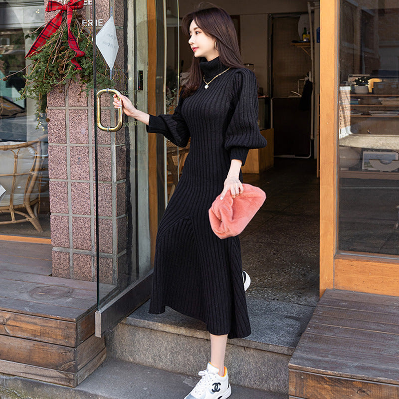 Casual Turtleneck Winter Long Knitting Dresses for Women with Belt