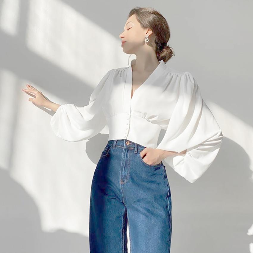 Summer Women Puff Sleeves V Neck Short Shirts-STYLEGOING