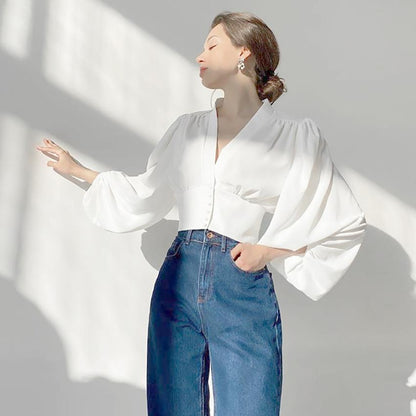 Summer Women Puff Sleeves V Neck Short Shirts-STYLEGOING