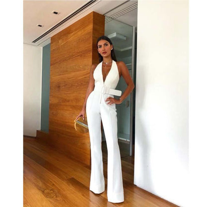White Classy Sleeves Belt Jumpsuits-STYLEGOING