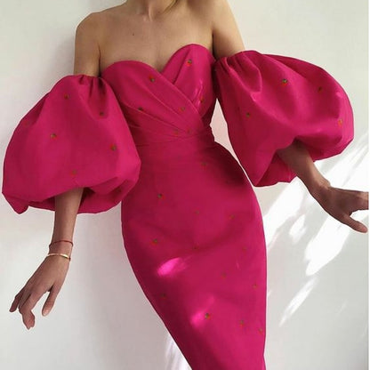 Sexy Strapless High Waist Puff Sleeves Strawberry Dresses