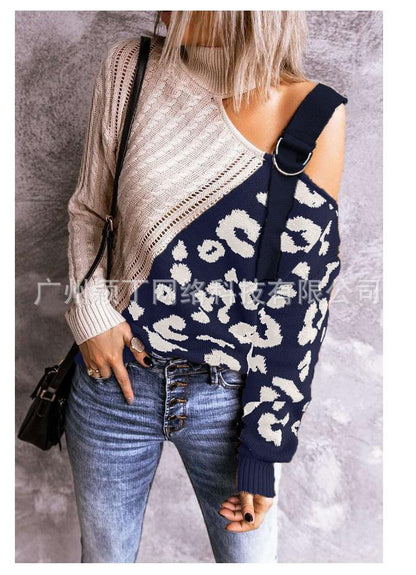 New Leopard High Neck Women Fall Sweaters-STYLEGOING