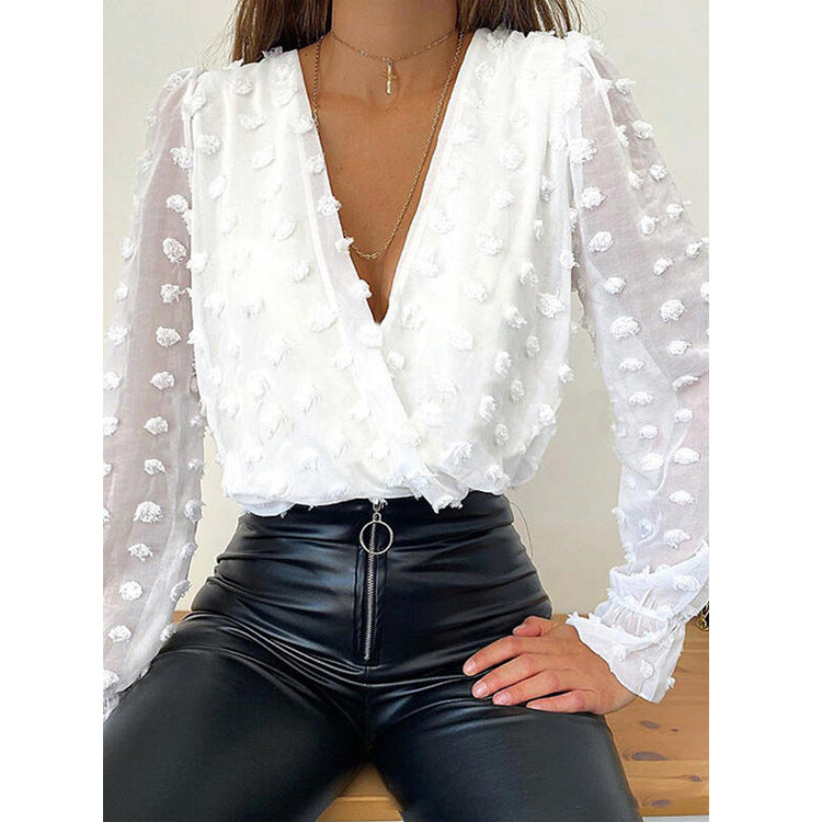 Women V Neck Long Sleeves Chiffon Blouses