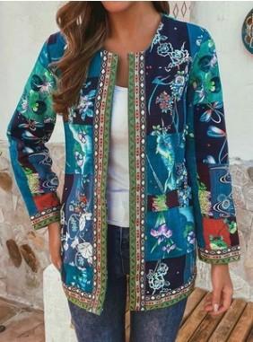 Vintage Cotton Linen Print Plus Size Women Cardigan Coat-Green-L-Free Shipping at meselling99