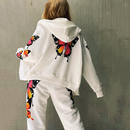 Butterfly Design Zipper Hoodies Women Suits