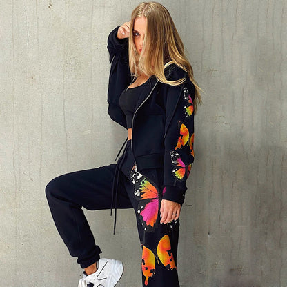 Butterfly Design Zipper Hoodies Women Suits