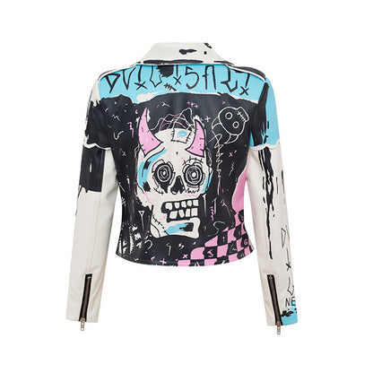 Personality Graffiti Design Punk Rivet PU Jacket for Women