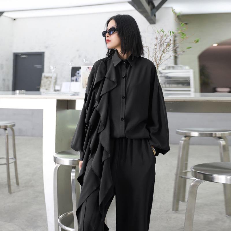 Retro Women Ruffles Top&Loose Pants-STYLEGOING