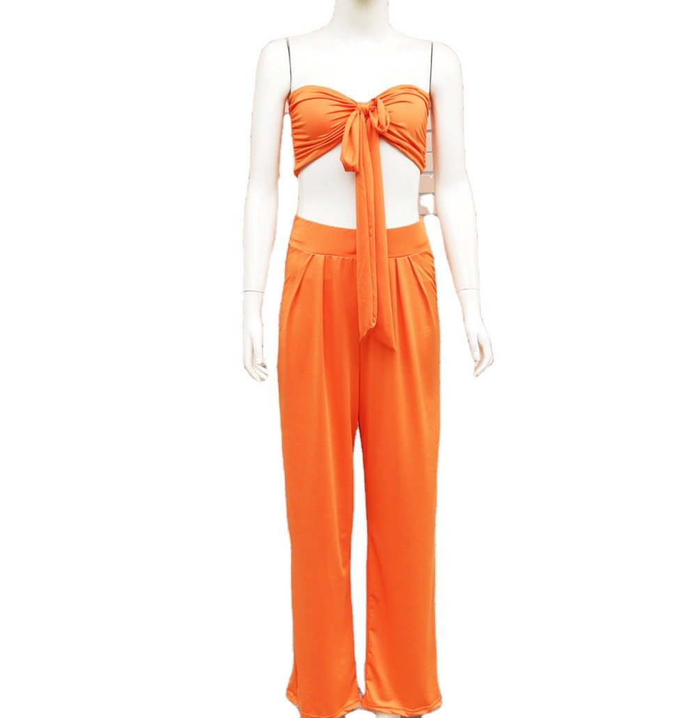 Sexy Women Strapless Tops+loose Pants Suits-STYLEGOING