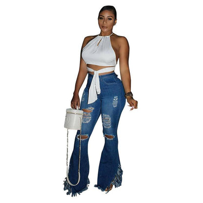 Women Broken Holes Demin Trumpet Jeans-STYLEGOING