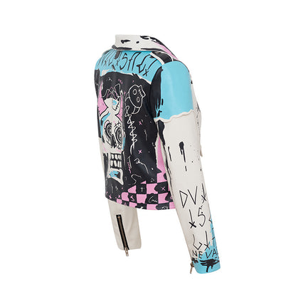 Personality Graffiti Design Punk Rivet PU Jacket for Women