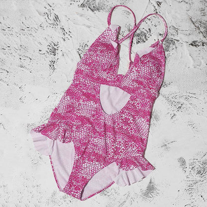 Pink Snake Print Sexy Cross Monokini-STYLEGOING