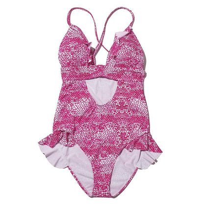 Pink Snake Print Sexy Cross Monokini-STYLEGOING