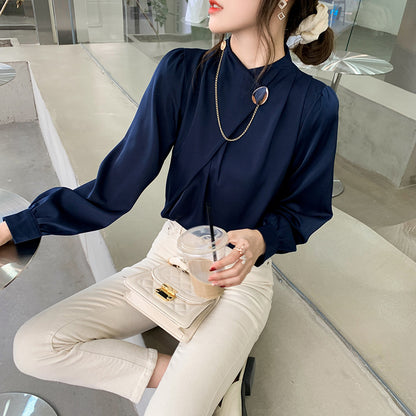 Elegant Designed Satin Stand Collar Women Blouses