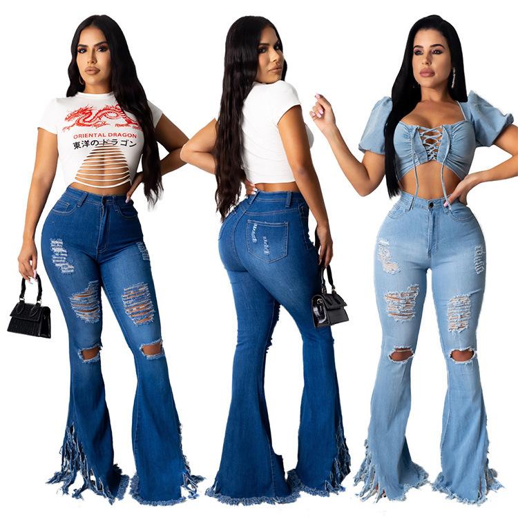 Women Broken Holes Demin Trumpet Jeans-STYLEGOING