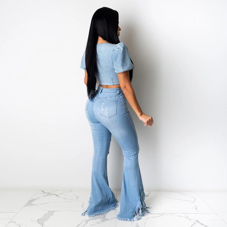 Women Broken Holes Demin Trumpet Jeans-STYLEGOING
