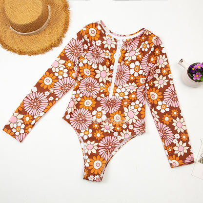 Pink Floral Print Zipper Surf Wear for Women
