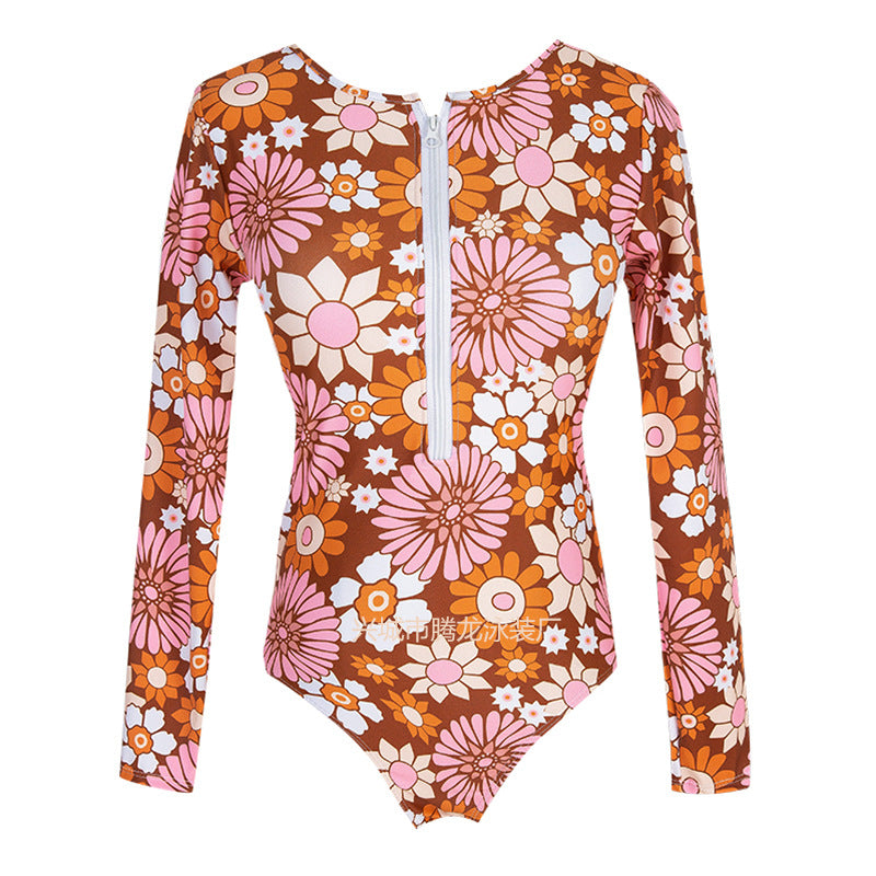 Pink Floral Print Zipper Surf Wear for Women