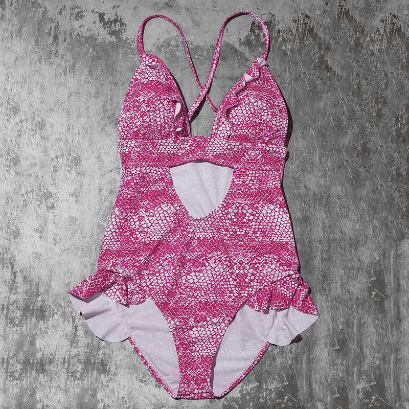 Pink Snake Print Sexy Cross Monokini-STYLEGOING