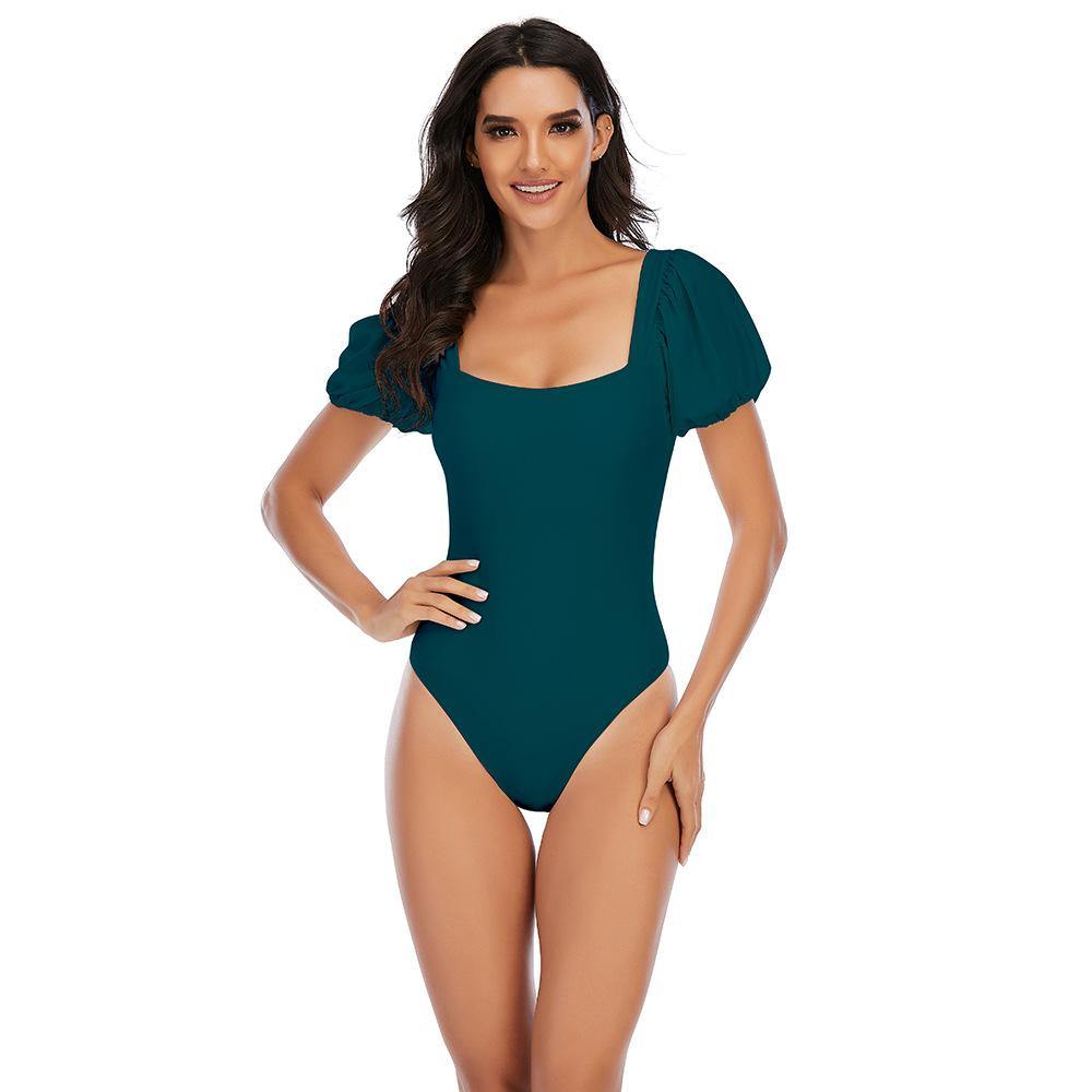 Square Neckline Short Sleeves Swimsuit-STYLEGOING