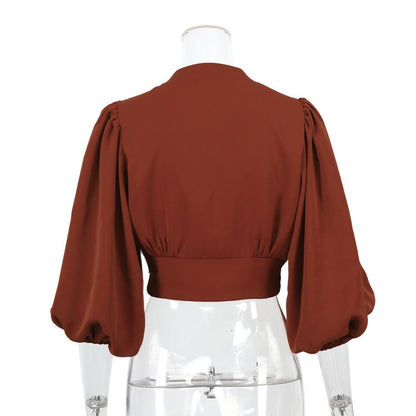 Summer Women Puff Sleeves V Neck Short Shirts-STYLEGOING