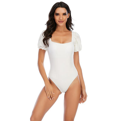 Square Neckline Short Sleeves Swimsuit-STYLEGOING