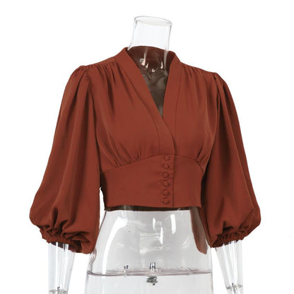 Summer Women Puff Sleeves V Neck Short Shirts-STYLEGOING