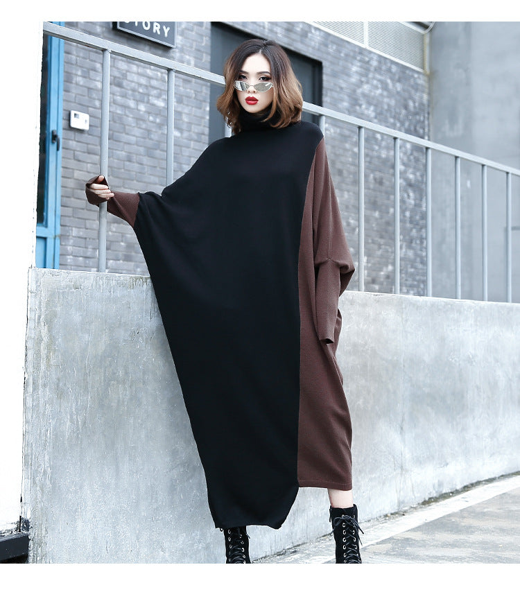 High Neck Knitting Bat Sleeves Irregular Cozy Long Dresses