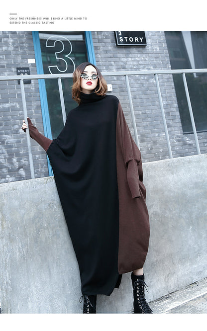 High Neck Knitting Bat Sleeves Irregular Cozy Long Dresses