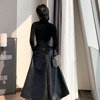 Black Winter High Waist Leather A Line Skirt