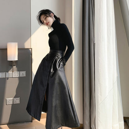 Black Winter High Waist Leather A Line Skirt