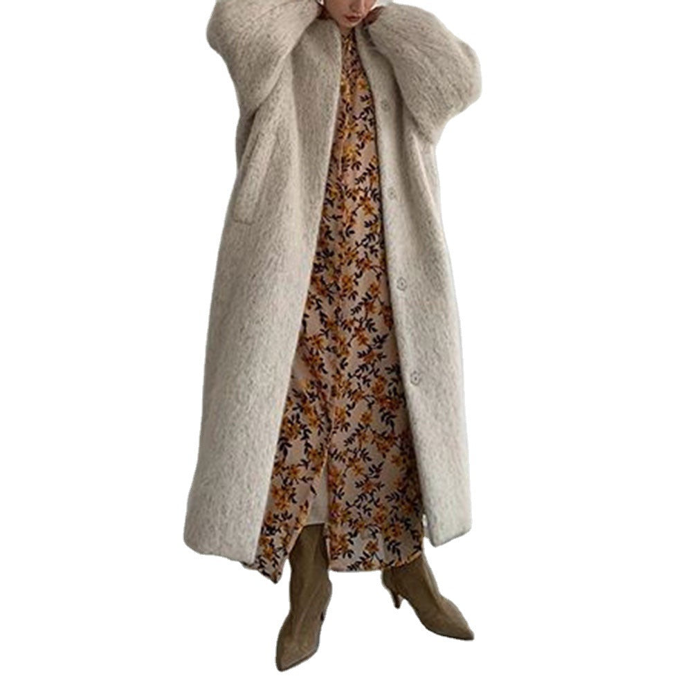 Women Knitting Winter Long Cozy Apricot Overcoat