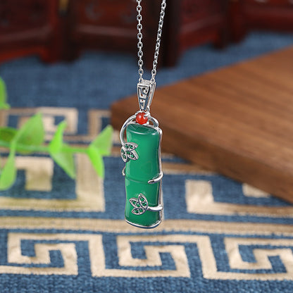 Wealthy Bamboo Joints Chalcedony Pendant Sliver Necklace for Women