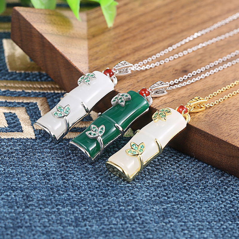 Wealthy Bamboo Joints Chalcedony Pendant Sliver Necklace for Women