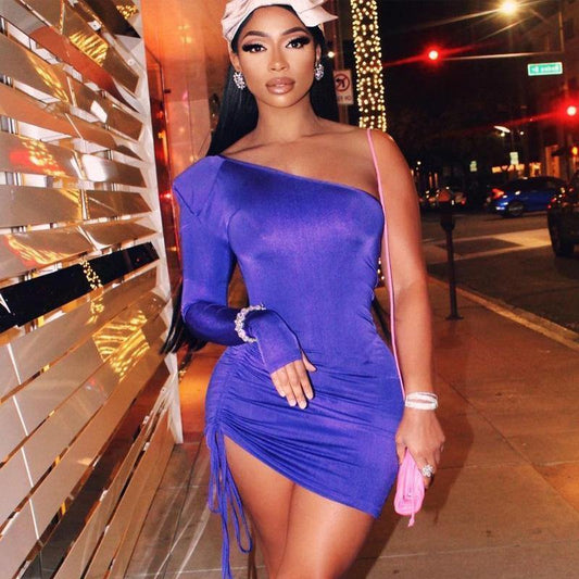 One Shoulder Bodycon Drawstring Mini Dress-STYLEGOING