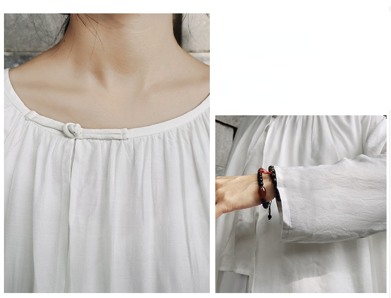 Casual White Long Sleeves Blouses and Linen Pants