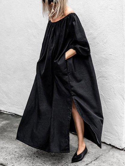 Black Off-Shoulder Loose Long Dress-STYLEGOING