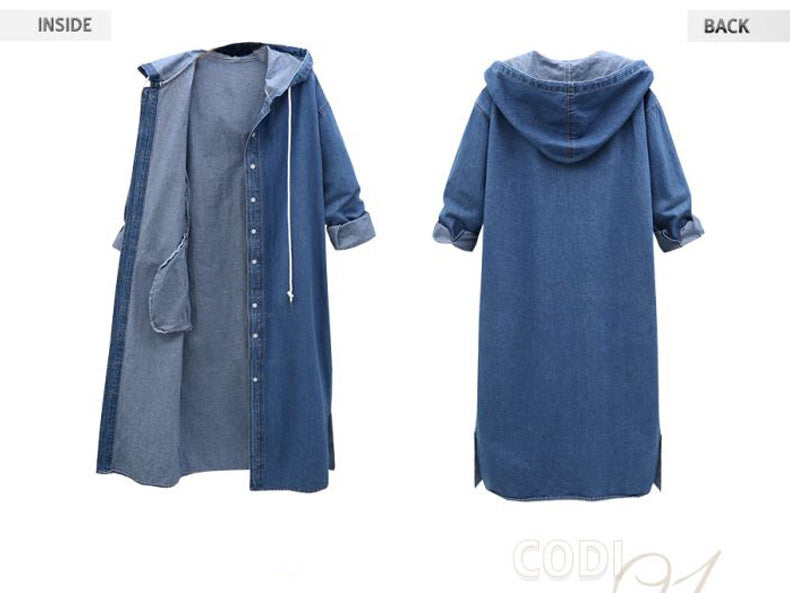Women Long Sleeves Denim Long Windcoat