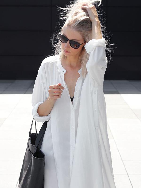 Solid Lapel Long Shirt Dress-STYLEGOING