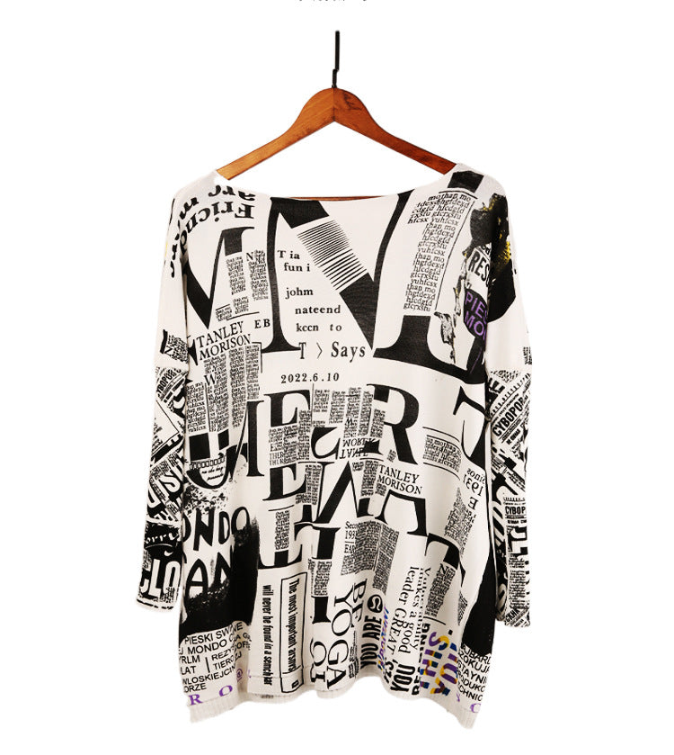Casual Newspaper Pattern Women Loose Long Sleeves Shirts