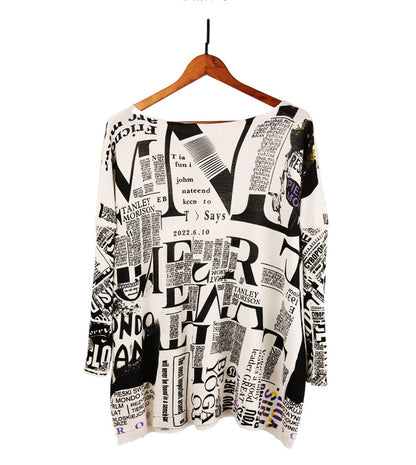 Casual Newspaper Pattern Women Loose Long Sleeves Shirts